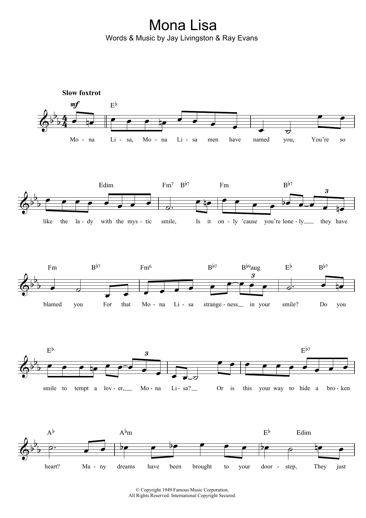 Nat King Cole Mona Lisa Sheet Music Notes & Chords for Melody Line, Lyrics & Chords - Download or Print PDF
