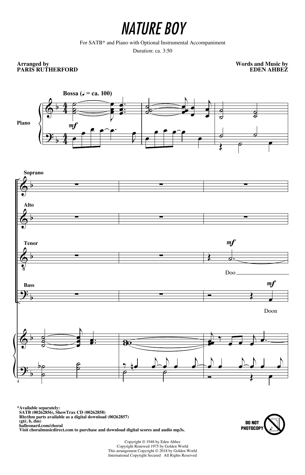 Paris Rutherford Nature Boy Sheet Music Notes & Chords for SATB - Download or Print PDF