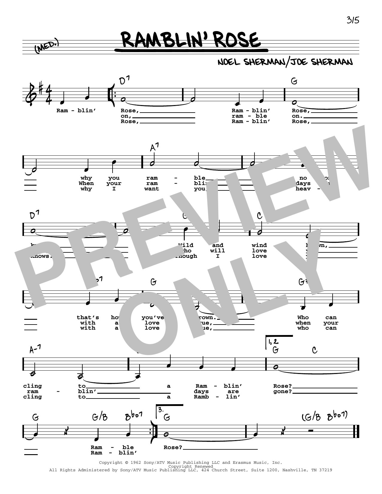 Nat King Cole Ramblin' Rose (Low Voice) Sheet Music Notes & Chords for Real Book – Melody, Lyrics & Chords - Download or Print PDF