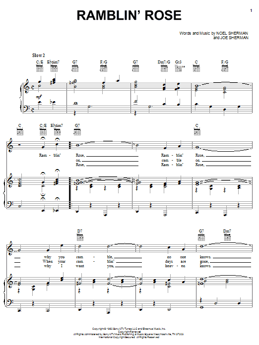 Nat King Cole Ramblin' Rose Sheet Music Notes & Chords for Piano, Vocal & Guitar (Right-Hand Melody) - Download or Print PDF