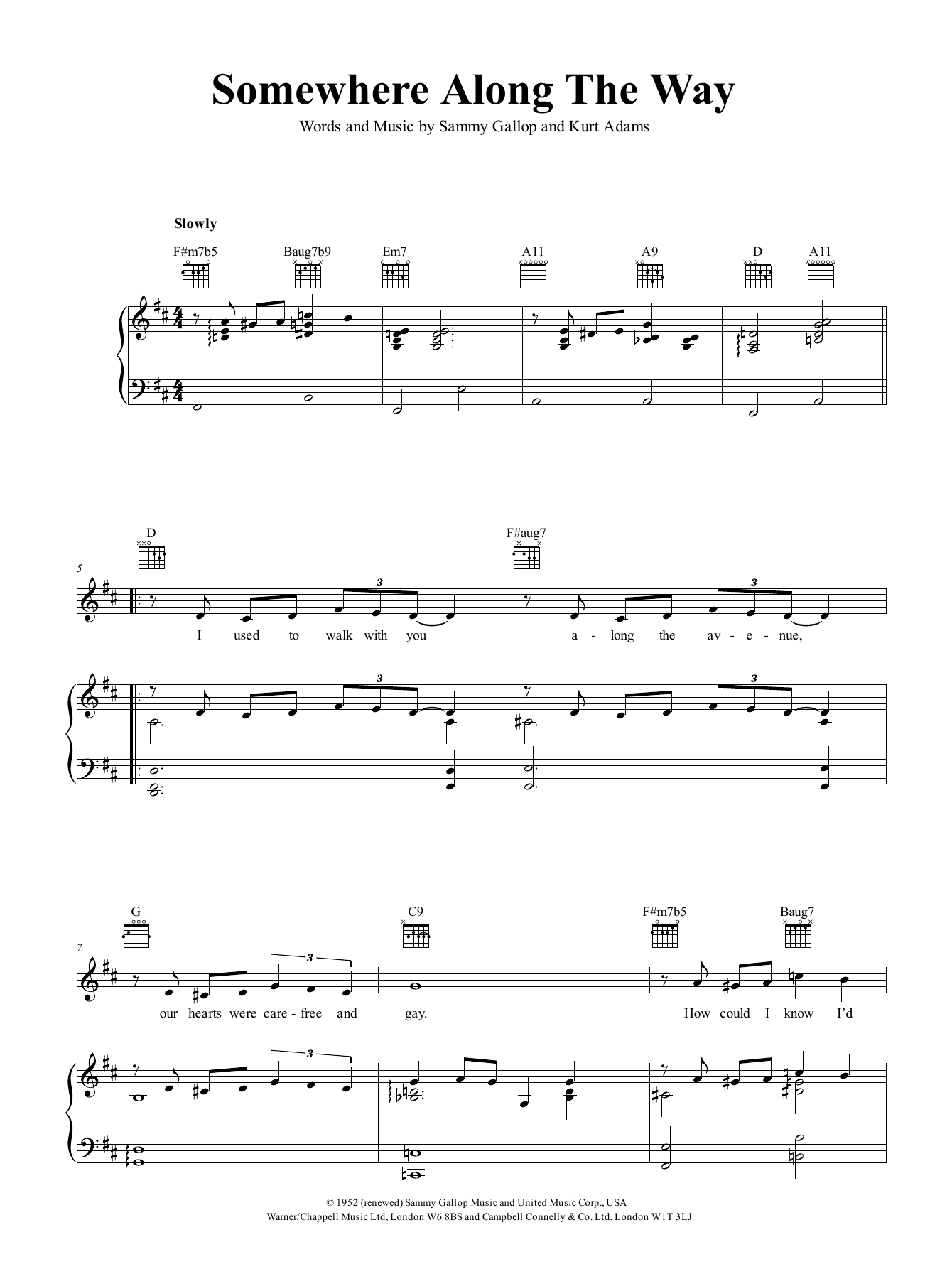 Nat King Cole Somewhere Along The Way Sheet Music Notes & Chords for Piano, Vocal & Guitar (Right-Hand Melody) - Download or Print PDF