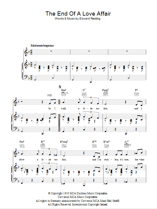 Nat King Cole The End Of A Love Affair Sheet Music Notes & Chords for Piano, Vocal & Guitar (Right-Hand Melody) - Download or Print PDF