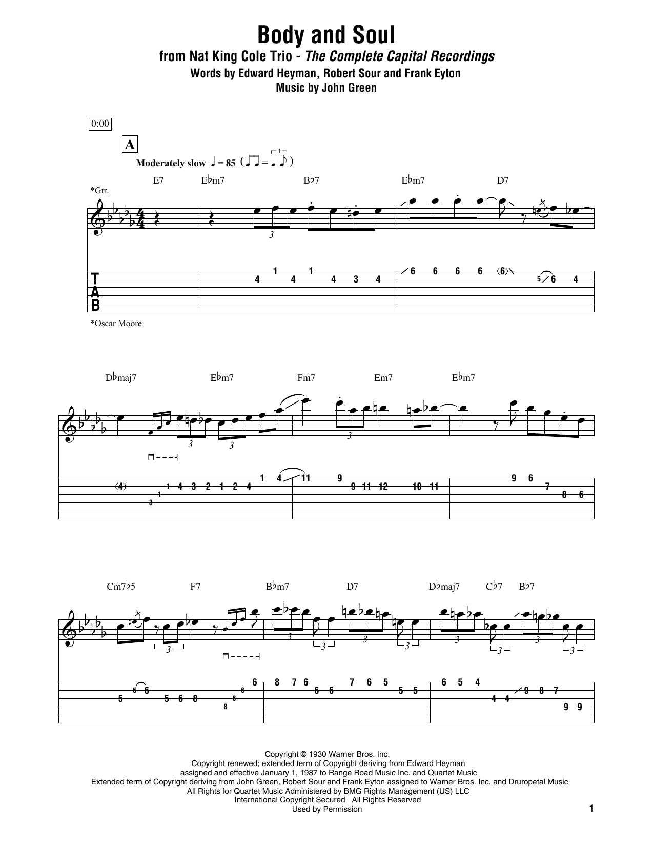 Nat King Cole Trio Body And Soul Sheet Music Notes & Chords for Electric Guitar Transcription - Download or Print PDF