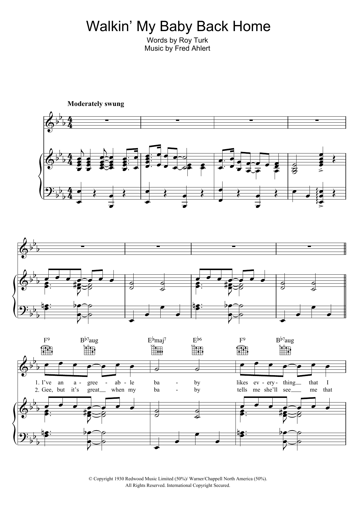 Nat King Cole Walkin' My Baby Back Home Sheet Music Notes & Chords for Piano, Vocal & Guitar (Right-Hand Melody) - Download or Print PDF