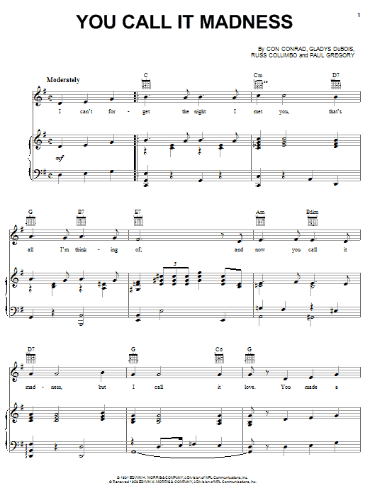 Nat King Cole You Call It Madness (But I Call It Love) Sheet Music Notes & Chords for Piano, Vocal & Guitar (Right-Hand Melody) - Download or Print PDF