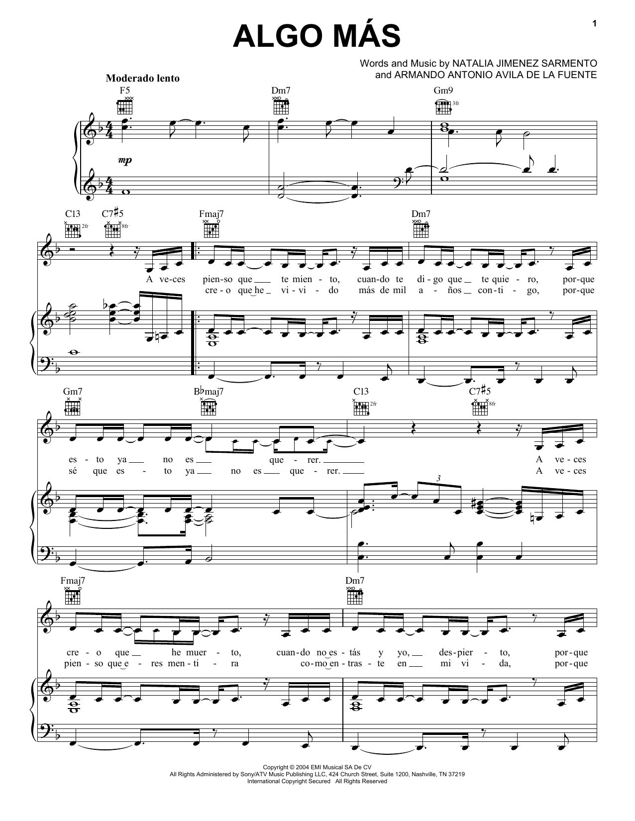 Natalia Jimenez Sarmiento Algo Mas Sheet Music Notes & Chords for Piano, Vocal & Guitar (Right-Hand Melody) - Download or Print PDF