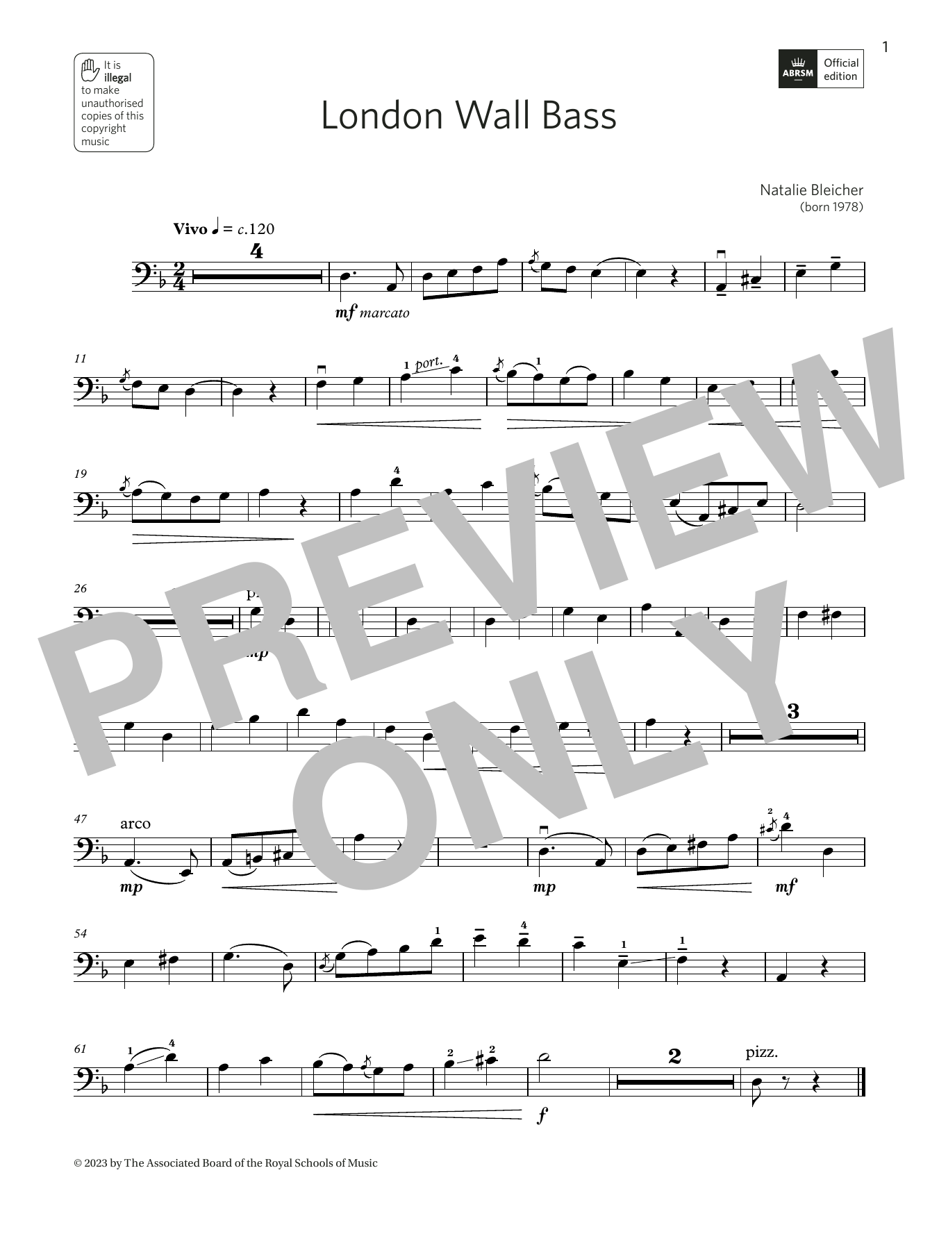 Natalie Bleicher London Wall Bass (Grade 4, C12, from the ABRSM Double Bass Syllabus from 2024) Sheet Music Notes & Chords for String Bass Solo - Download or Print PDF