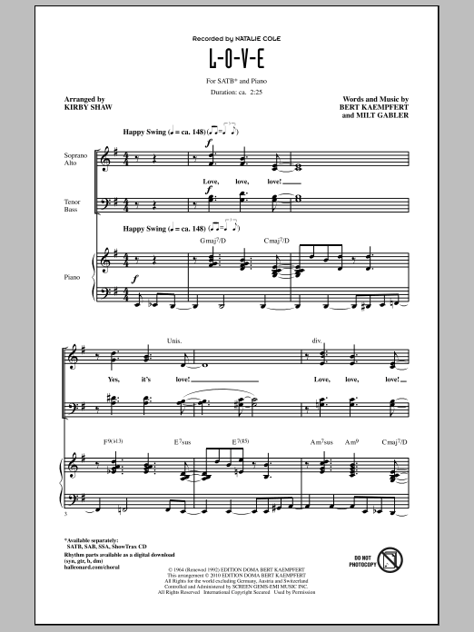 Natalie Cole L-O-V-E (arr. Kirby Shaw) Sheet Music Notes & Chords for SAB - Download or Print PDF