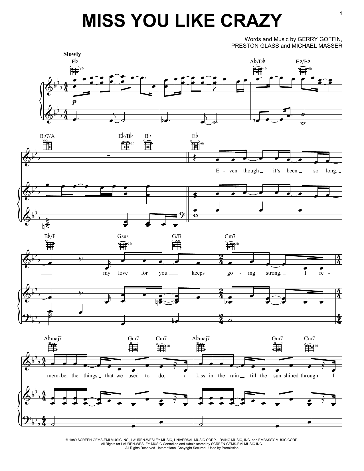 Natalie Cole Miss You Like Crazy Sheet Music Notes & Chords for Piano, Vocal & Guitar Chords (Right-Hand Melody) - Download or Print PDF Natalie Cole Miss You Like Crazy Sheet Music Notes & Chords for Piano, Vocal & Guitar Chords (Right-Hand Melody) - Download or Print PDF