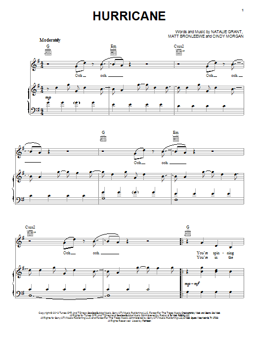 Natalie Grant Hurricane Sheet Music Notes & Chords for Piano, Vocal & Guitar (Right-Hand Melody) - Download or Print PDF