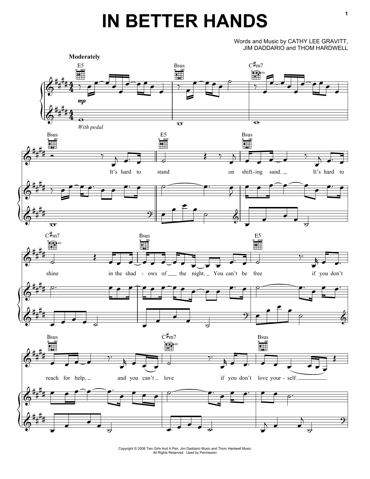 Natalie Grant In Better Hands Sheet Music Notes & Chords for Piano, Vocal & Guitar (Right-Hand Melody) - Download or Print PDF