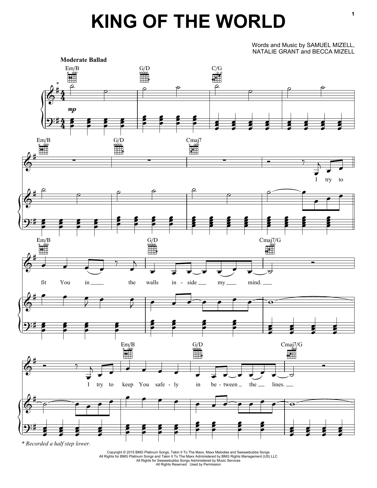 Natalie Grant King Of The World Sheet Music Notes & Chords for Piano, Vocal & Guitar (Right-Hand Melody) - Download or Print PDF