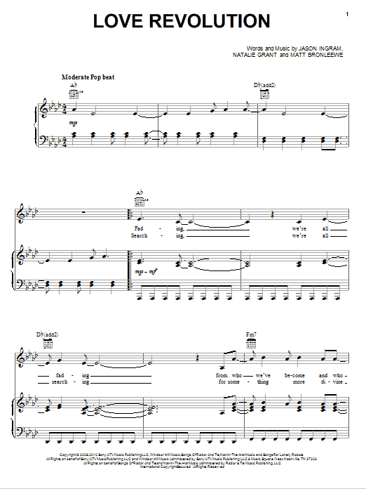 Natalie Grant Love Revolution Sheet Music Notes & Chords for Piano, Vocal & Guitar (Right-Hand Melody) - Download or Print PDF