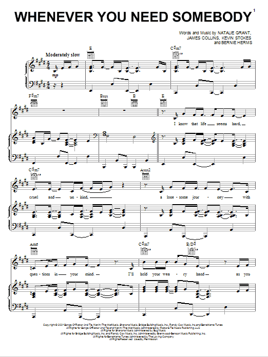 Natalie Grant Whenever You Need Somebody Sheet Music Notes & Chords for Piano, Vocal & Guitar (Right-Hand Melody) - Download or Print PDF