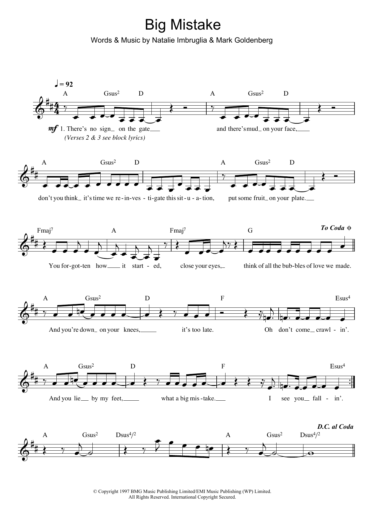 Natalie Imbruglia Big Mistake Sheet Music Notes & Chords for Lyrics & Chords - Download or Print PDF