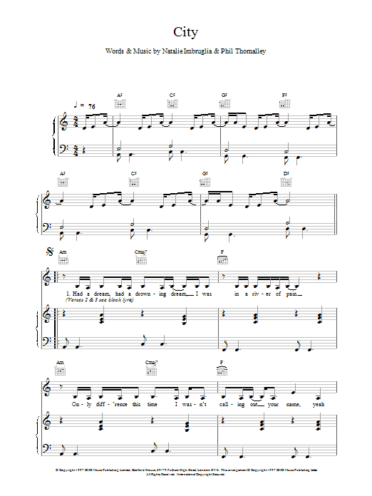 Natalie Imbruglia City Sheet Music Notes & Chords for Piano, Vocal & Guitar - Download or Print PDF