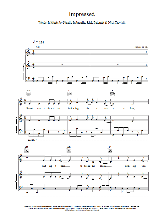 Natalie Imbruglia Impressed Sheet Music Notes & Chords for Piano, Vocal & Guitar (Right-Hand Melody) - Download or Print PDF