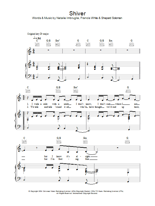 Natalie Imbruglia Shiver Sheet Music Notes & Chords for Keyboard - Download or Print PDF