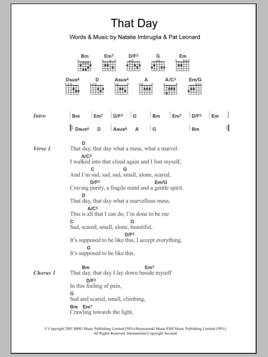 Natalie Imbruglia That Day Sheet Music Notes & Chords for Lyrics & Chords - Download or Print PDF