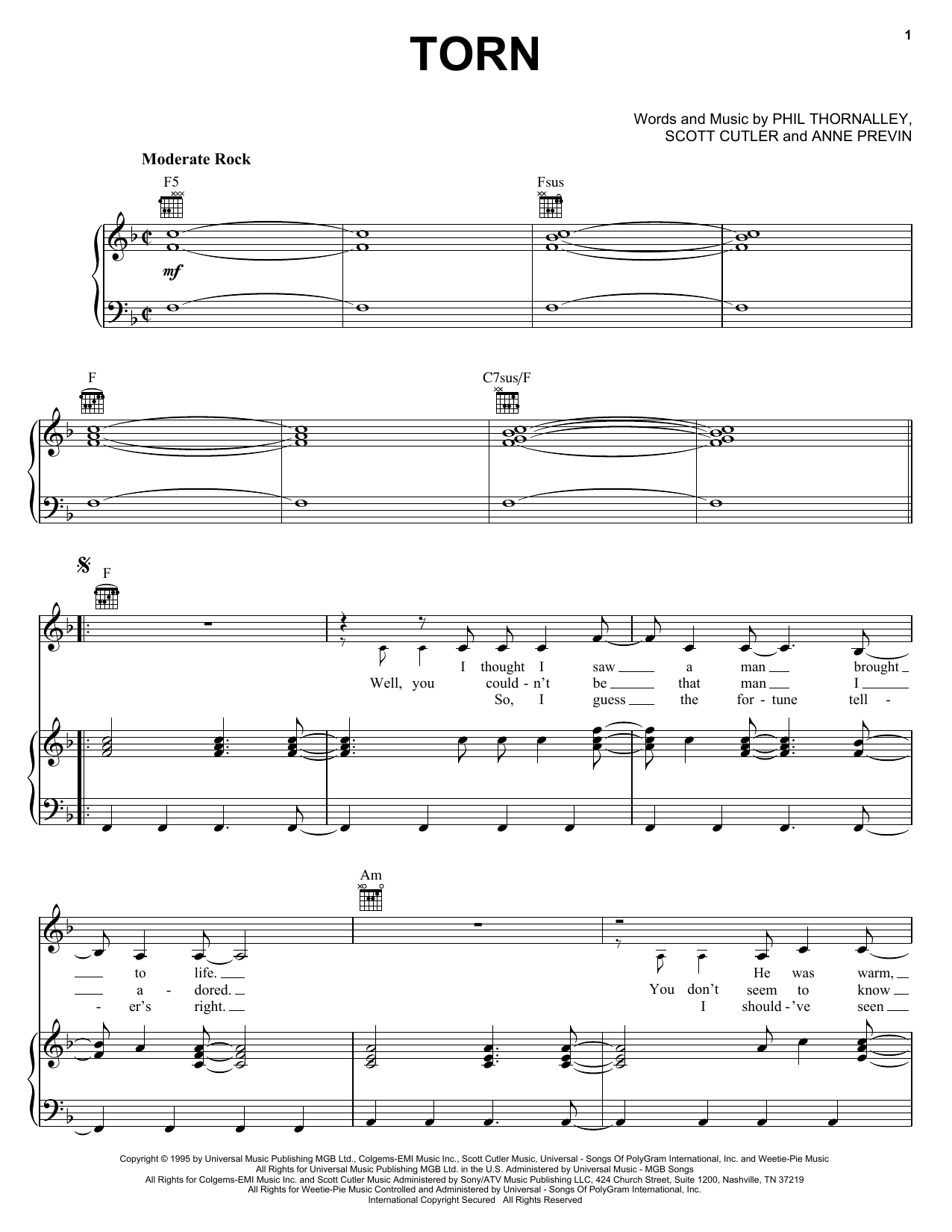 Natalie Imbruglia Torn Sheet Music Notes & Chords for Lyrics & Chords - Download or Print PDF