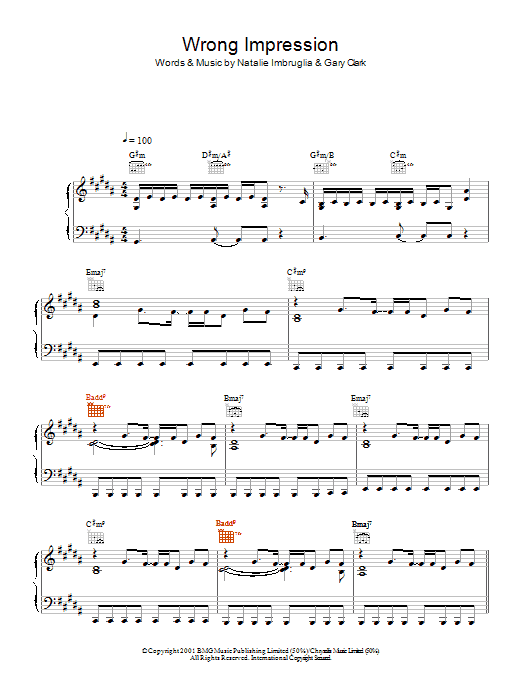Natalie Imbruglia Wrong Impression Sheet Music Notes & Chords for Piano, Vocal & Guitar - Download or Print PDF