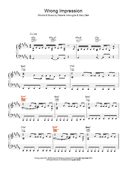 Natalie Imbruglia Wrong Impression Sheet Music Notes & Chords for Piano, Vocal & Guitar (Right-Hand Melody) - Download or Print PDF