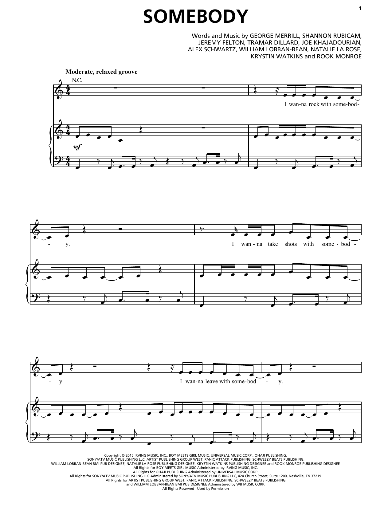 Natalie La Rose feat. Jeremih Somebody Sheet Music Notes & Chords for Piano, Vocal & Guitar (Right-Hand Melody) - Download or Print PDF