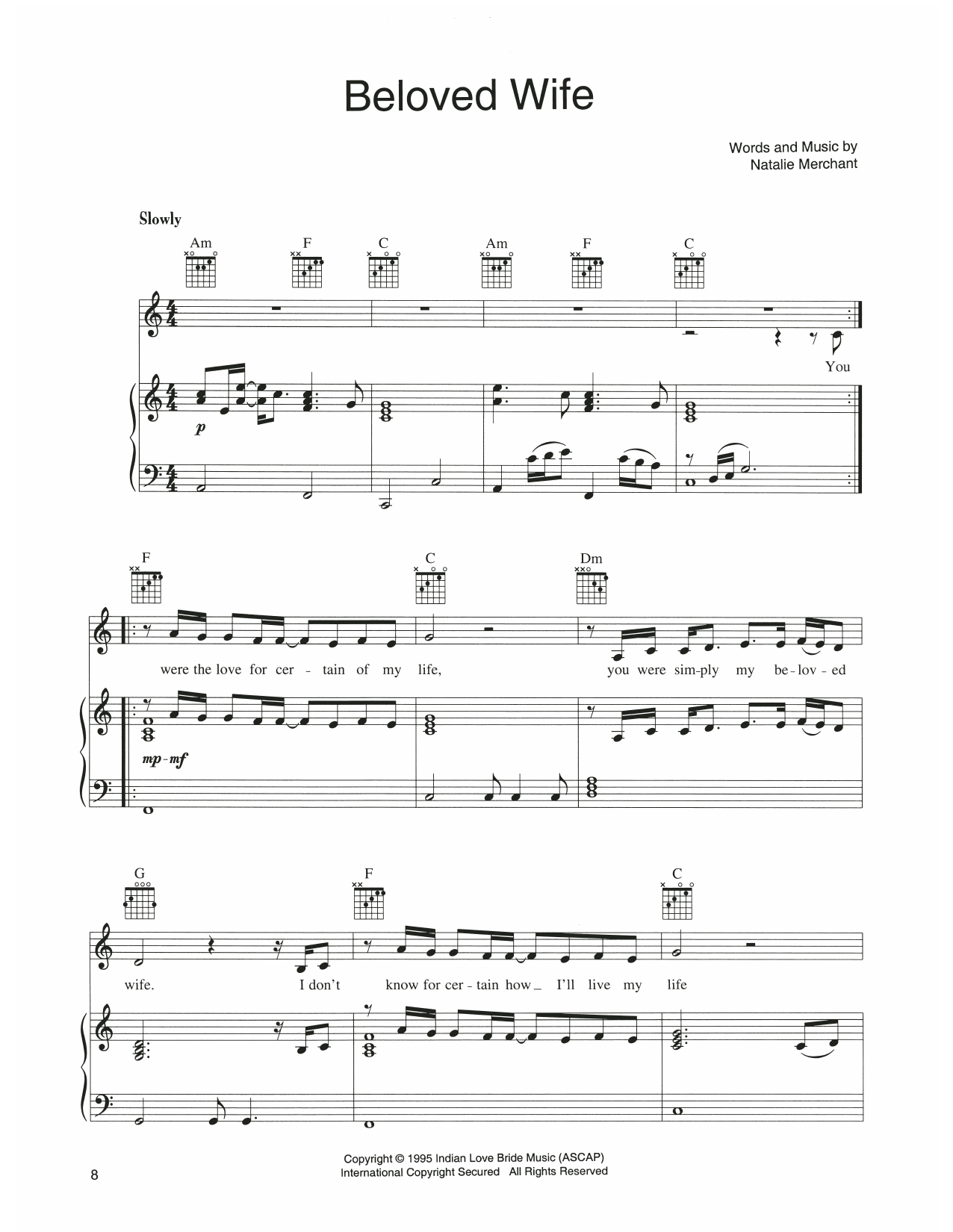 Natalie Merchant Beloved Wife Sheet Music Notes & Chords for Piano, Vocal & Guitar Chords (Right-Hand Melody) - Download or Print PDF