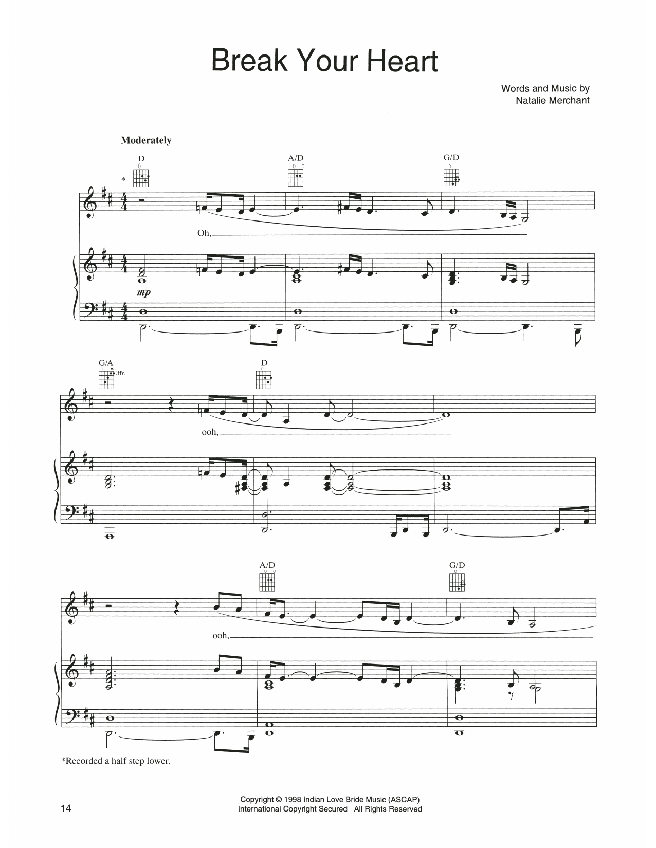 Natalie Merchant Break Your Heart Sheet Music Notes & Chords for Piano, Vocal & Guitar Chords (Right-Hand Melody) - Download or Print PDF