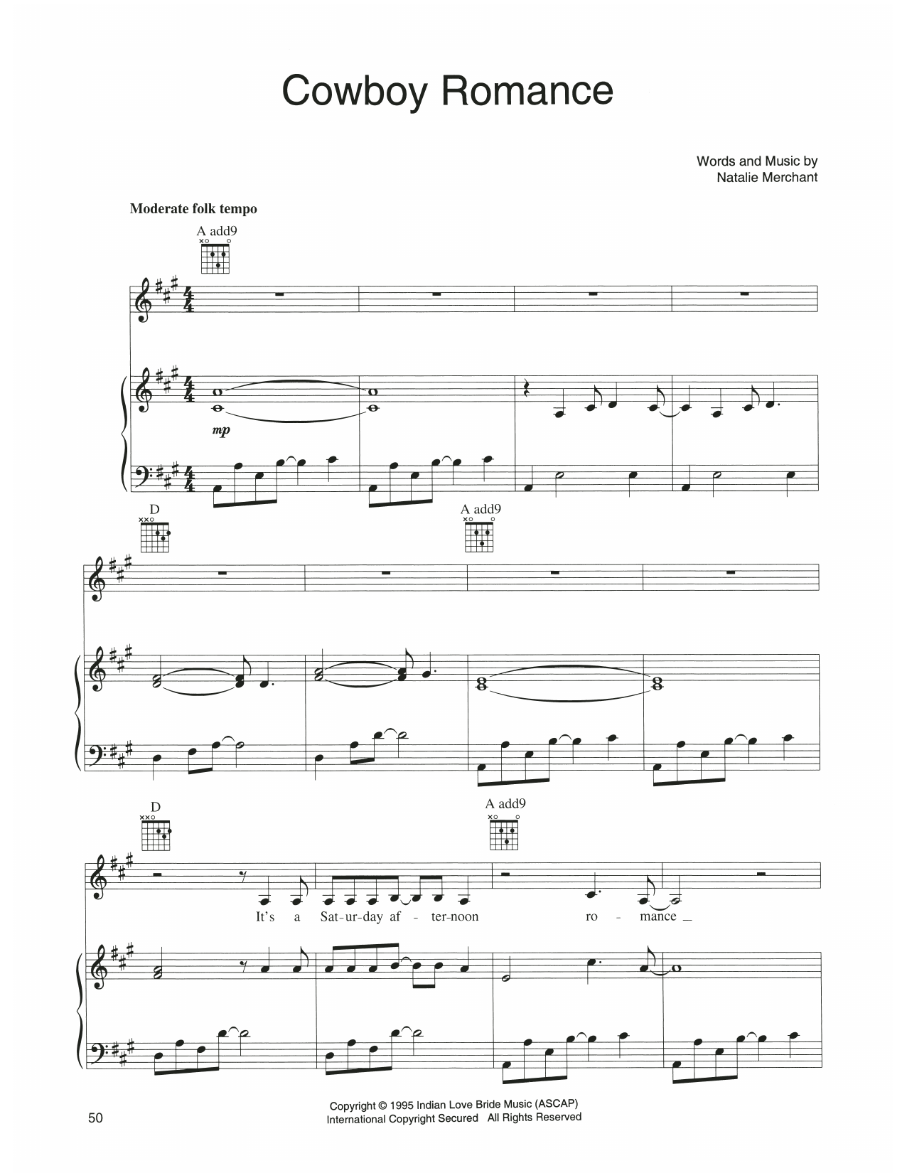 Natalie Merchant Cowboy Romance Sheet Music Notes & Chords for Piano, Vocal & Guitar Chords (Right-Hand Melody) - Download or Print PDF