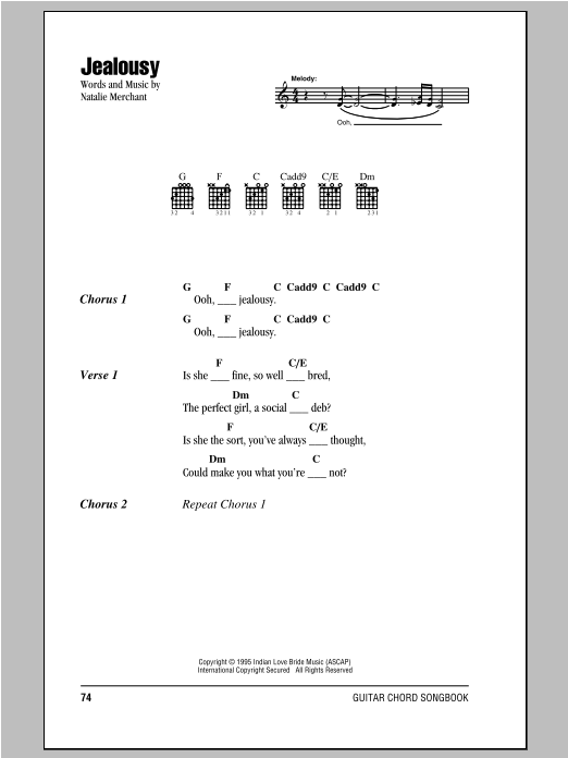 Natalie Merchant Jealousy Sheet Music Notes & Chords for Lyrics & Chords - Download or Print PDF