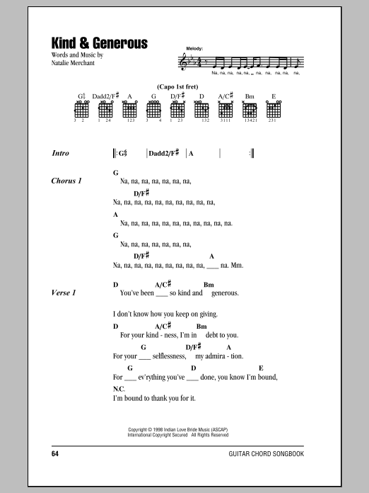 Natalie Merchant Kind & Generous Sheet Music Notes & Chords for Piano, Vocal & Guitar (Right-Hand Melody) - Download or Print PDF