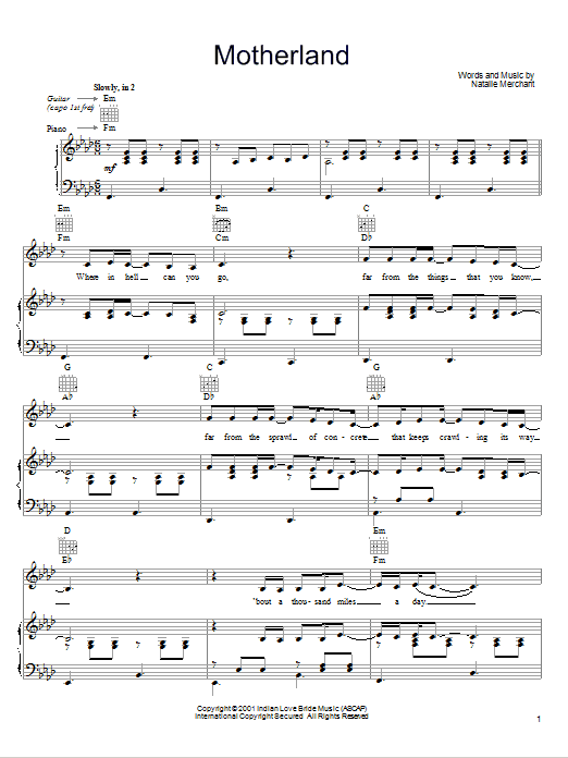 Natalie Merchant Motherland Sheet Music Notes & Chords for Piano, Vocal & Guitar (Right-Hand Melody) - Download or Print PDF Natalie Merchant Motherland Sheet Music Notes & Chords for Piano, Vocal & Guitar (Right-Hand Melody) - Download or Print PDF
