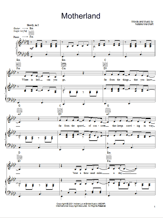 Natalie Merchant Motherland Sheet Music Notes & Chords for Piano, Vocal & Guitar (Right-Hand Melody) - Download or Print PDF