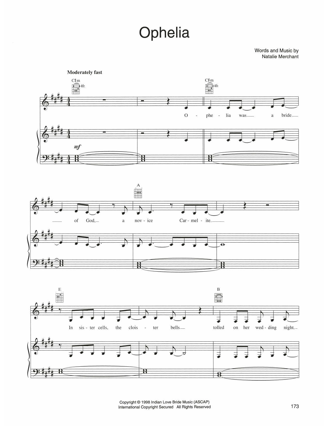 Natalie Merchant Ophelia Sheet Music Notes & Chords for Piano, Vocal & Guitar Chords (Right-Hand Melody) - Download or Print PDF