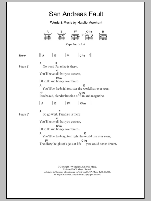 Natalie Merchant San Andreas Fault Sheet Music Notes & Chords for Lyrics & Chords - Download or Print PDF