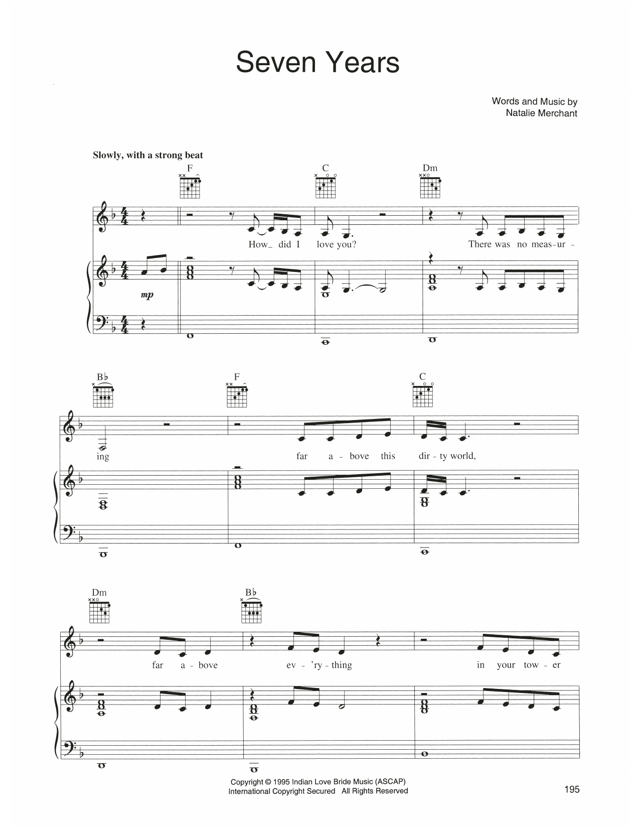 Natalie Merchant Seven Years Sheet Music Notes & Chords for Piano, Vocal & Guitar Chords (Right-Hand Melody) - Download or Print PDF