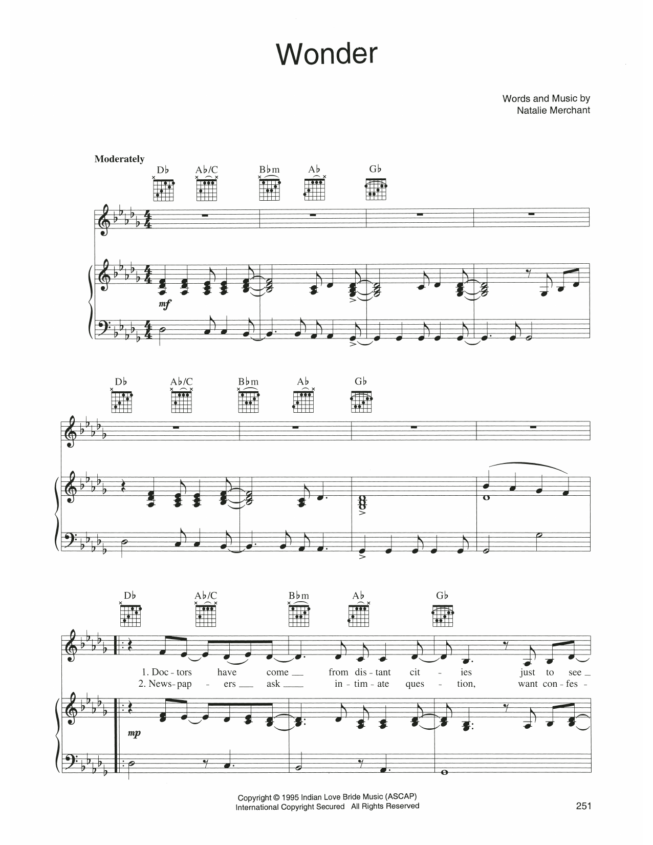 Natalie Merchant Wonder Sheet Music Notes & Chords for Piano, Vocal & Guitar Chords (Right-Hand Melody) - Download or Print PDF