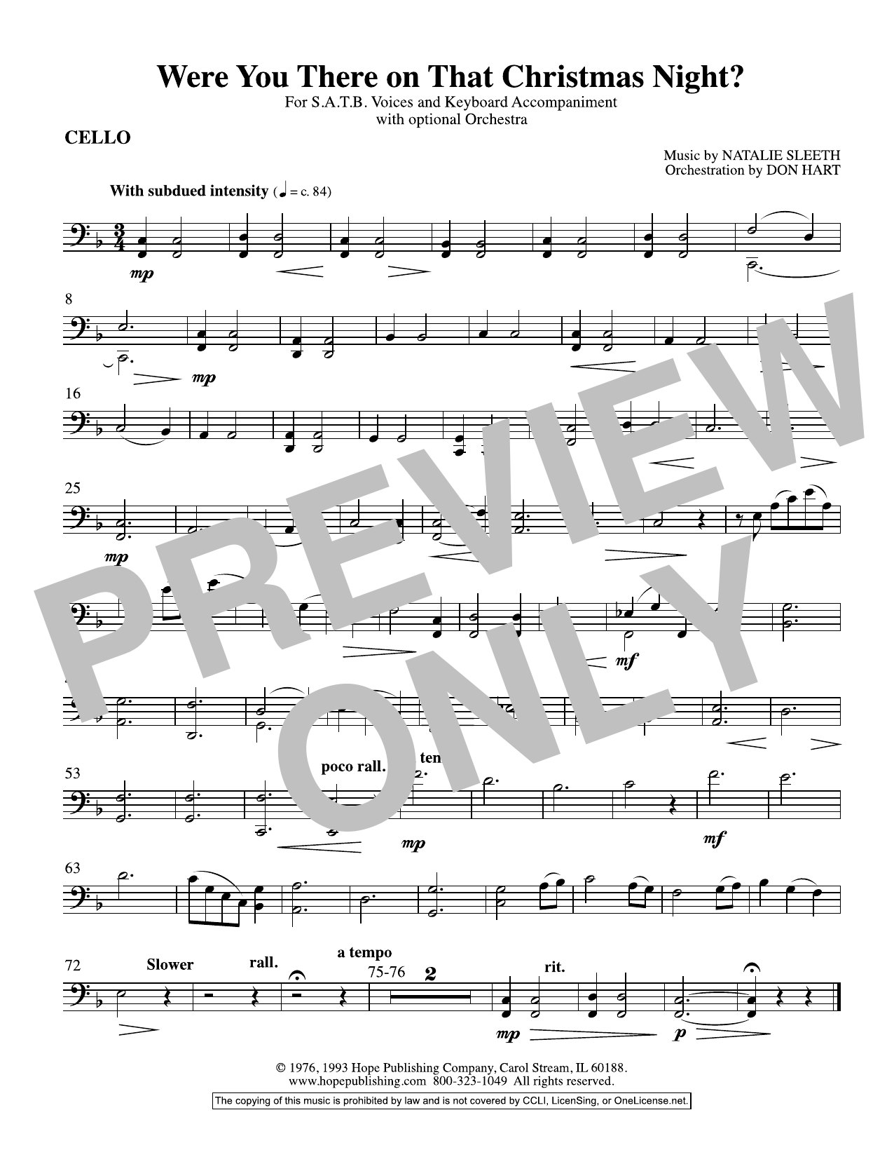 NATALIE SLEETH Were You There On That Christmas Night? (arr. Don Hart) - Cello Sheet Music Notes & Chords for Choir Instrumental Pak - Download or Print PDF