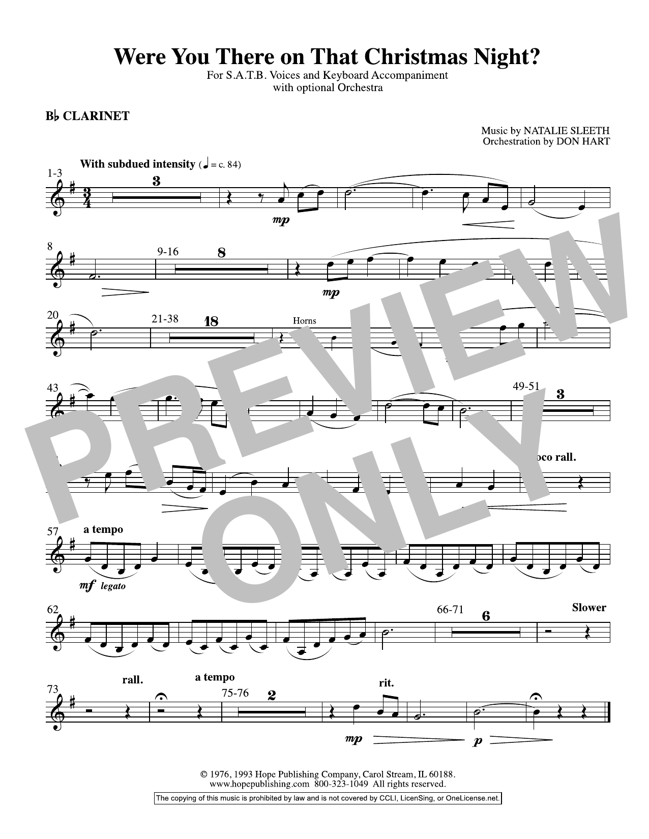 NATALIE SLEETH Were You There On That Christmas Night? (arr. Don Hart) - Clarinet Sheet Music Notes & Chords for Choir Instrumental Pak - Download or Print PDF
