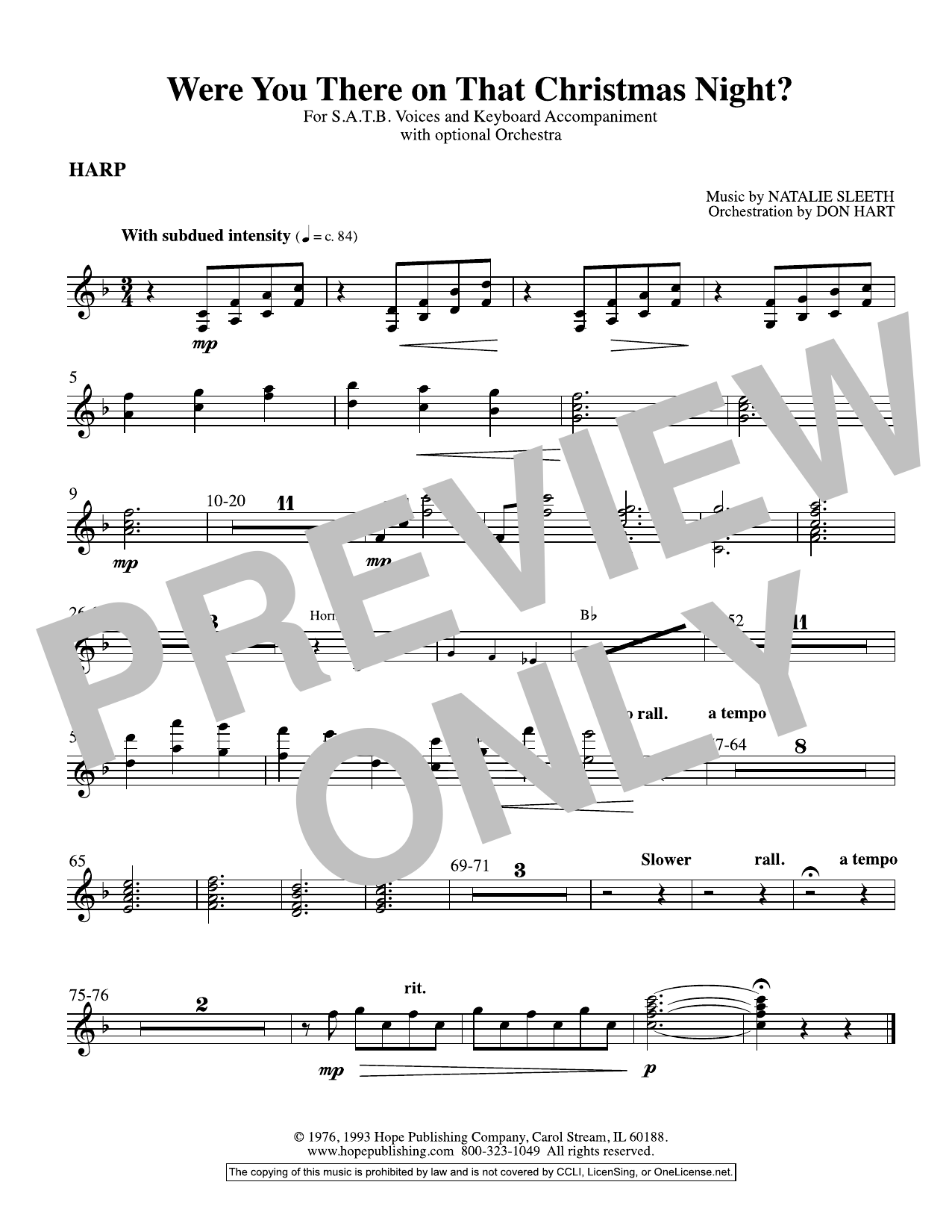 NATALIE SLEETH Were You There On That Christmas Night? (arr. Don Hart) - Harp Sheet Music Notes & Chords for Choir Instrumental Pak - Download or Print PDF