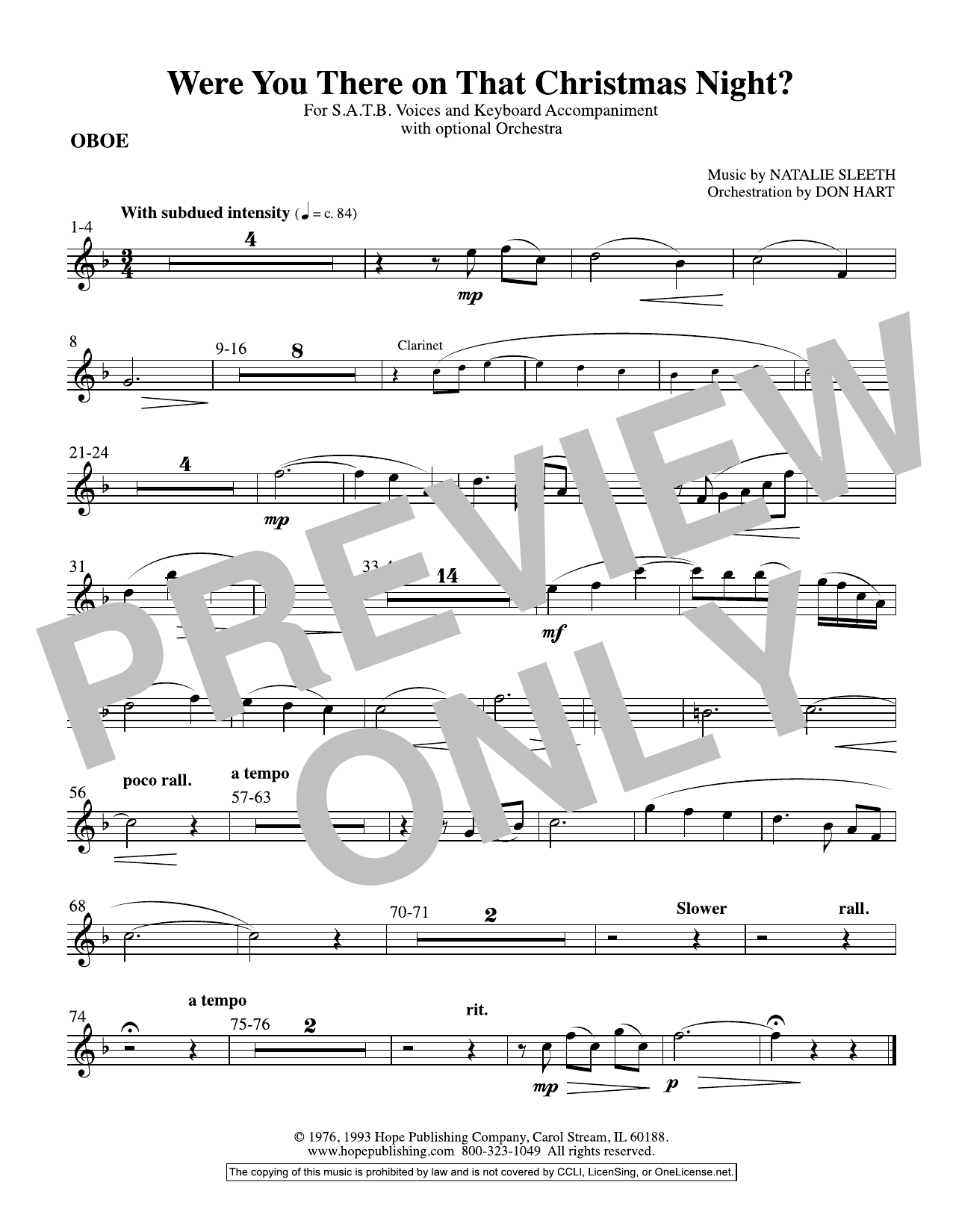 NATALIE SLEETH Were You There On That Christmas Night? (arr. Don Hart) - Oboe Sheet Music Notes & Chords for Choir Instrumental Pak - Download or Print PDF