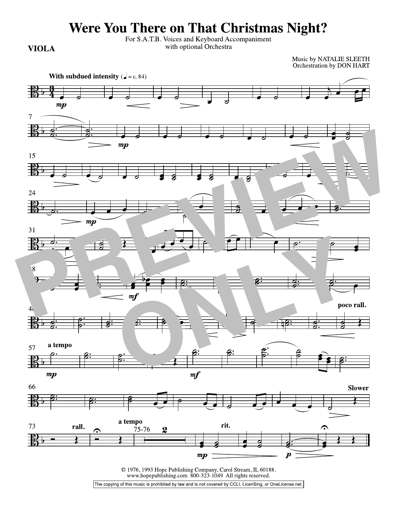 NATALIE SLEETH Were You There On That Christmas Night? (arr. Don Hart) - Viola Sheet Music Notes & Chords for Choir Instrumental Pak - Download or Print PDF