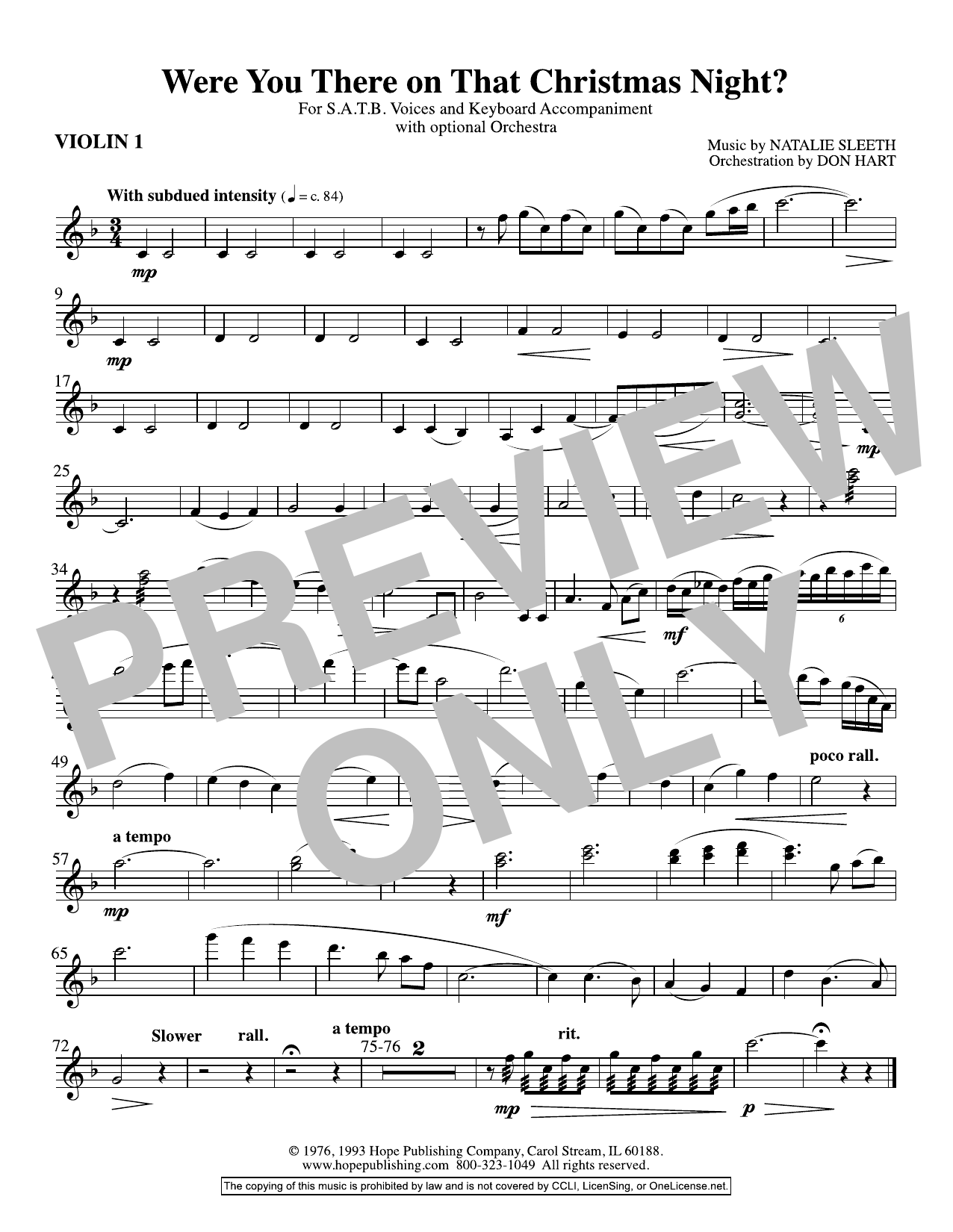 NATALIE SLEETH Were You There On That Christmas Night? (arr. Don Hart) - Violin 1 Sheet Music Notes & Chords for Choir Instrumental Pak - Download or Print PDF