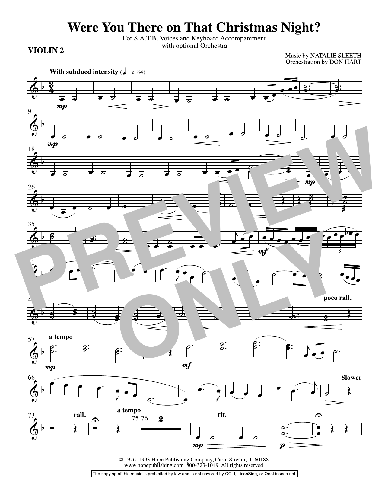 NATALIE SLEETH Were You There On That Christmas Night? (arr. Don Hart) - Violin 2 Sheet Music Notes & Chords for Choir Instrumental Pak - Download or Print PDF