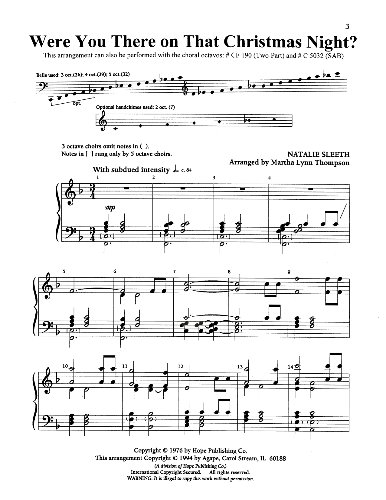 NATALIE SLEETH Were You There On That Christmas Night? (arr. Martha Lynn Thompson) - Handbells Sheet Music Notes & Chords for Choir Instrumental Pak - Download or Print PDF