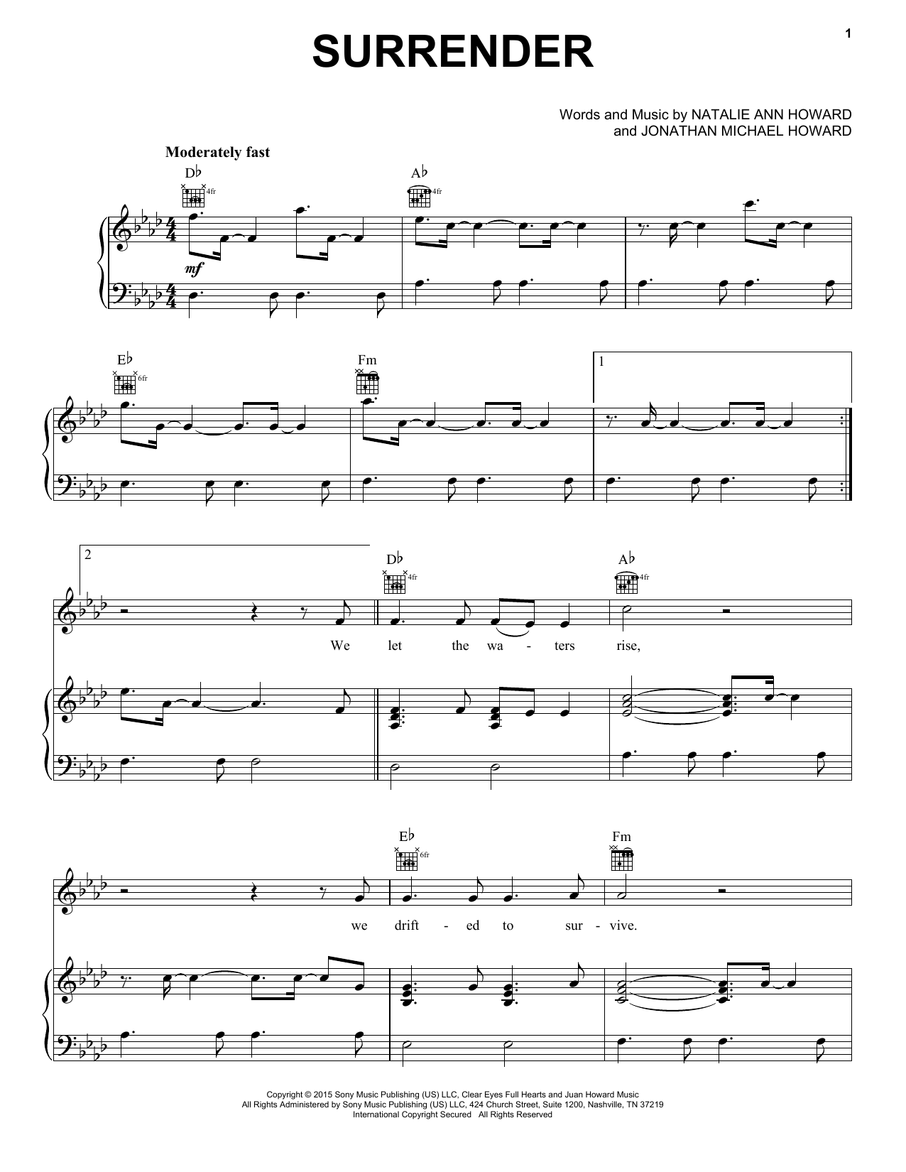 Natalie Taylor Surrender Sheet Music Notes & Chords for Piano, Vocal & Guitar (Right-Hand Melody) - Download or Print PDF