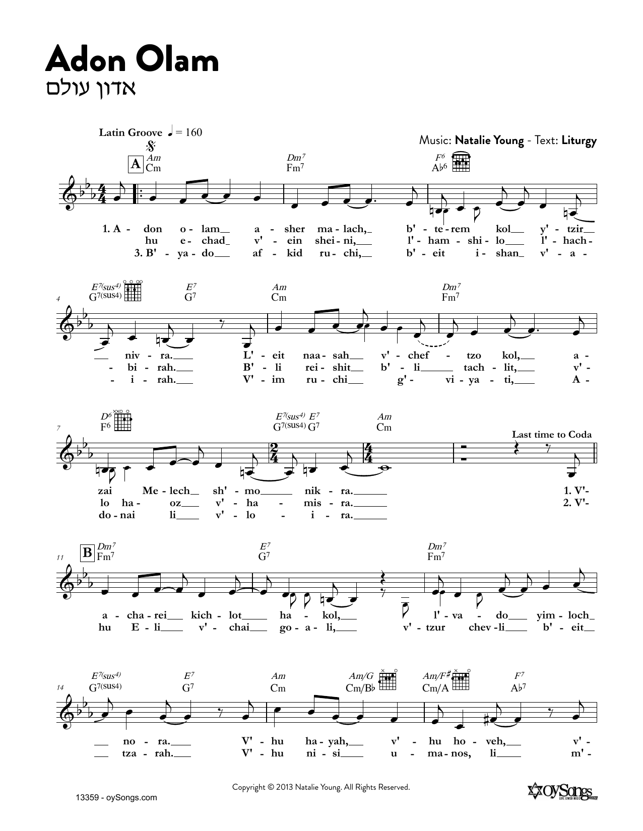 Natalie Young Adon Olam Sheet Music Notes & Chords for Melody Line, Lyrics & Chords - Download or Print PDF