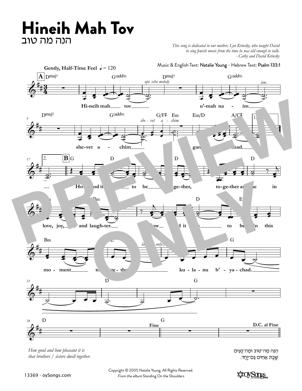 Natalie Young Hineih Mah Tov Sheet Music Notes & Chords for Melody Line, Lyrics & Chords - Download or Print PDF