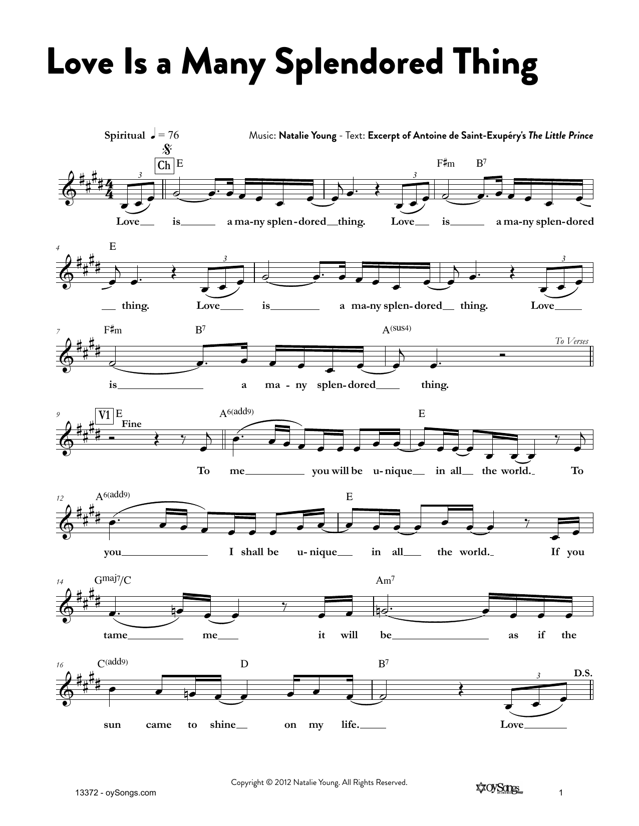 Natalie Young Love Is a Many Splendored Thing Sheet Music Notes & Chords for Melody Line, Lyrics & Chords - Download or Print PDF